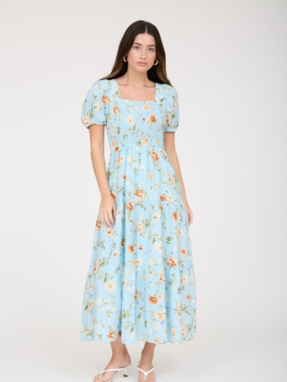 Floral Smocked Puff Sleeve A-line Midi Dress